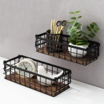 MyGift Wall Mounted or Tabletop Rustic Black Metal Wire and Burnt Wood Small Decorative Storage Baskets with Handles Set of 2