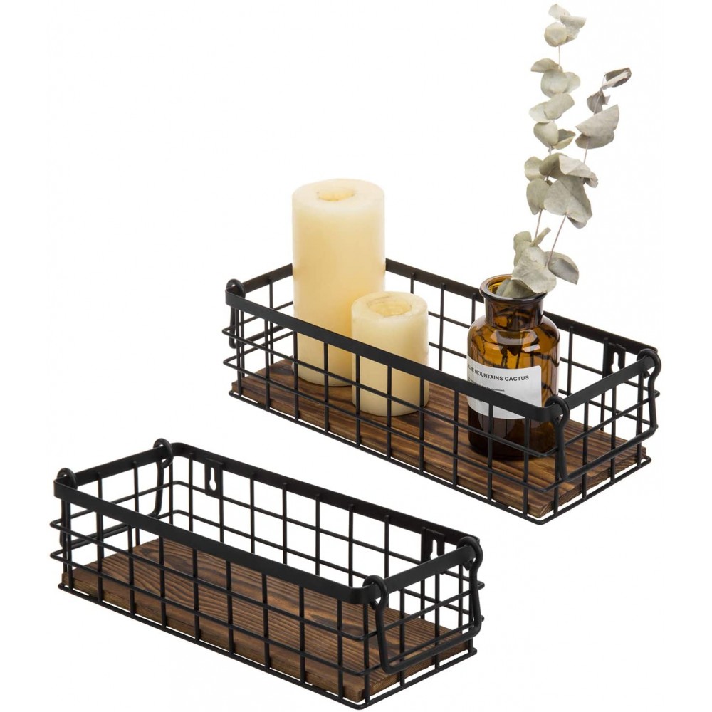 MyGift Wall Mounted or Tabletop Rustic Black Metal Wire and Burnt Wood Small Decorative Storage Baskets with Handles Set of 2