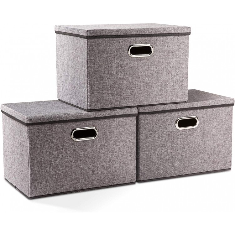 PRANDOM Large Collapsible Storage Bins with Lids [3-Pack] Linen Fabric Foldable Storage Boxes Organizer Containers Baskets Cube with Cover for Home Bedroom Closet Office Nursery 17.7x11.8x11.8"
