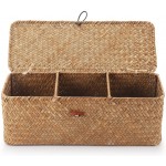 Seagrass Storage Basket with Lid Rectangular Small Woven Shelf Baskets with Sections for Organize Snack Toys
