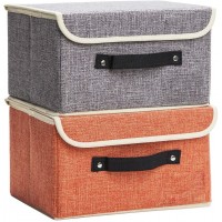 Small Storage Boxes with Lids 2 Pack Linen Collapsible Cube Storage Basket with Handle Jane's Home Foldable Fabric Storage Box with lids Organizer for Toys Clothes Closet Ornament