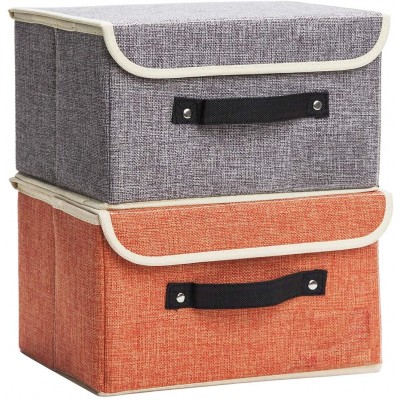 Small Storage Boxes with Lids 2 Pack Linen Collapsible Cube Storage Basket with Handle Jane's Home Foldable Fabric Storage Box with lids Organizer for Toys Clothes Closet Ornament