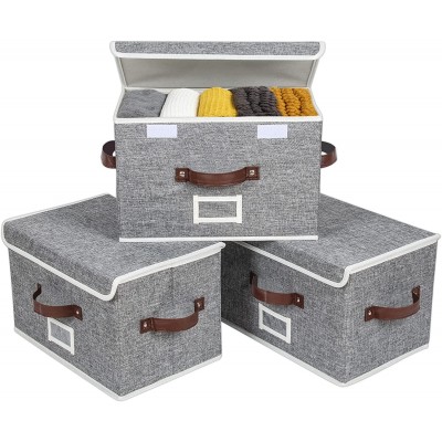 Sofier Storage Boxes with Lids 3 Pack Foldable Storage Bins with 3 Handles and Label Sturdy Decorative Fabric Baskets for Shelves Toys Books Clothes Organizer Gray