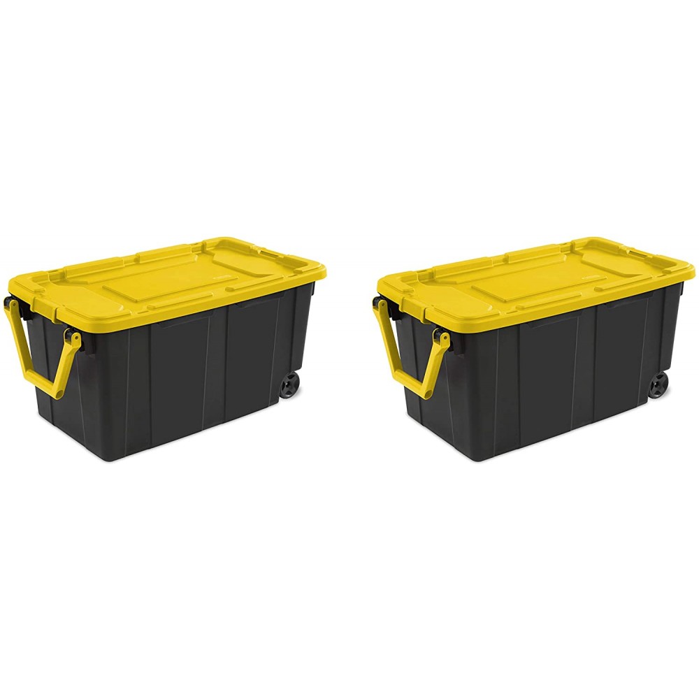 STERILITE 14699002 40 Gallon 151 Liter Wheeled Industrial Tote Yellow Lid & Black Base w Yellow Handle & Latches 2-Pack Yellow Lily