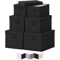 Storage Bins with Lids. Set of 6 Heavy Duty Stackable MDF Covered With Fabric Storage Boxes with 2 Handle Use for Organizing Closet Garage Clothes Toys Blankets Linen Black