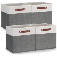 Temary 13x13 Storage Cubes Large Fabric Storage Bins 4 Pack Decorative Storage Boxes with Leather Handles for Organizing Closet Clothes Toys Foldable Cloth Baskets for Shelves