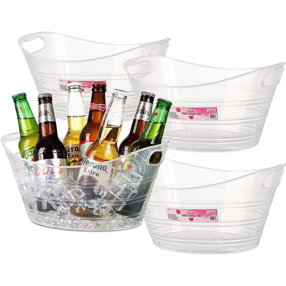 Zilpoo 4 Pack Plastic Oval Storage Tub 4.5 Liter Wine Beer Bottle Drink Cooler Parties Ice Bucket Party Beverage Chiller Bin Baskets Clear