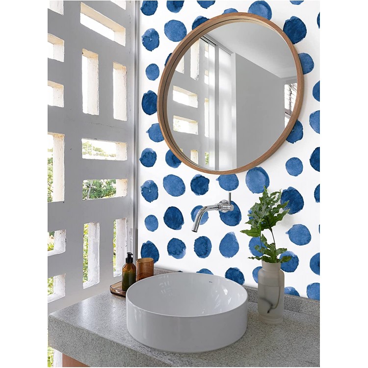 Idomural Blue Polka Dots Peel and Stick Wallpaper Watercolor Brush Strokes Dots Boho Removable Wallpaper Indigo Blue White Vinyl Self Adhesive Mural17.7in x 9.8ft