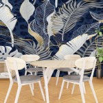 NIVFOEASC Seamless pattern with white tropical leaves with gold elements on blue PVC Wallpaper Removable SelfAdhesive Contact Paper Peel and Stick Waterproof Wallpaper Backdrop 238cm x 336cm