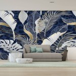 NIVFOEASC Seamless pattern with white tropical leaves with gold elements on blue PVC Wallpaper Removable SelfAdhesive Contact Paper Peel and Stick Waterproof Wallpaper Backdrop 238cm x 336cm