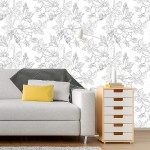 WallsByMe Peel and Stick Charcoal and White Floral Floral Removable Wallpaper 2198-2ft x 8.5ft 61x260cm