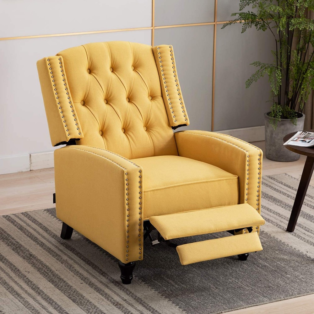 Artechworks Tufted Fabric Pushback Manual Recliner Chair for Living Room Single Sofa Home Theater Seating- Comfortable Bedroom & Living Room Chair Reclining Sofa Yellow