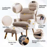 CANMOV Modern Accent Chair with Ottoman Soft Fabric Armchair with Adjustable Backrest and Side Pockets Comfy Lounge Chair for Living Room Bedroom Apartment Office Beige