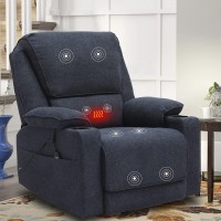 KIGOTY Rocking Recliner Chair 360 Degree Swivel Massage Sofa Chair with Heating Linen Cotton Fabric Ergonomic Lounge Chair with 2 Cup Holders & Side Pockets for Living Room Home Theater Navy Blue