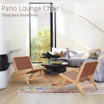 Leather Woven Accent Chair Set of 2 Midcentury Modern Accent Chair Lounge Chair Indoor Cognac Leather Nature Wood Frame Comfy Boho Rattan Accent Chair for Living Room Patio Outdoor Balcony