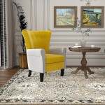 Modern Velvet Accent Chair Vanity Decor Wingback Armchair Curved Tufted Club Adult Chair with Wood Legs for Living Room Bedroom Office Light Grey+Yellow