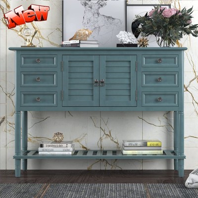 DANGRUUT Elegant 45'' Farmhouse Buffet Sideboard with Door Cabinet 6 Drawers Bottom Shelf Thicken Solid Wood Rustic Accent Console Table Serving Cabinet for Entryway Living Room Green