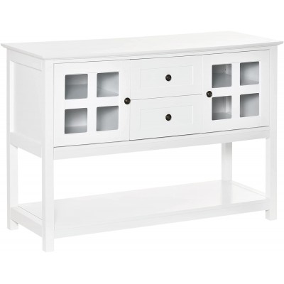 HOMCOM Kitchen Sideboard Serving Buffet Cabinet Cupboard Console Table with Adjustable Shelves Glass Doors and 2 Drawers for Living Room White