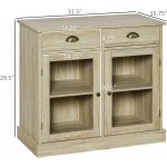 HOMCOM Rustic Farmhouse Sideboard Buffet Cabinet with 2 Glass Doors Adjustable Shelves and 2 Drawers for Kitchen Living Room Oak