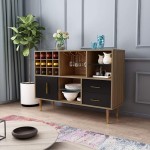 Mecor Kitchen Sideboard Buffet Storage Cabinet Server Cupboard Console Table w Wine Rack Goblet Rail Open Shelves and Drawers Walnut Black