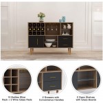 Mecor Kitchen Sideboard Buffet Storage Cabinet Server Cupboard Console Table w Wine Rack Goblet Rail Open Shelves and Drawers Walnut Black