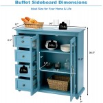 PETSITE Buffet Sideboard Storage Cabinet Wooden Console Table with 4 Drawers & Glass Doors for Kitchen Dining Room Bedroom Entryway Blue