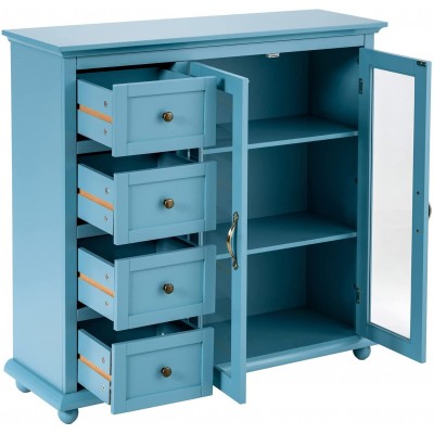 PETSITE Buffet Sideboard Storage Cabinet Wooden Console Table with 4 Drawers & Glass Doors for Kitchen Dining Room Bedroom Entryway Blue