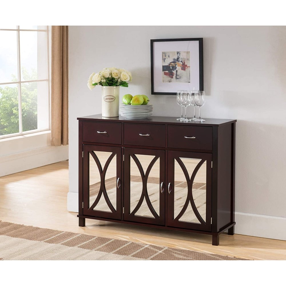 Pilaster Designs Espresso Wood Sideboard Buffet Server Console Table with Storage Drawers & Mirrored Cabinet Doors Cherry
