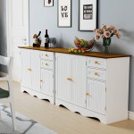 Yusong Kitchen Buffet Sideboard Pantry Wooden Cupboard Storage Cabinet with 3 Doors and Drawers Accent Serve Coffee Bar Table Console Table for Dining Room Living Room White