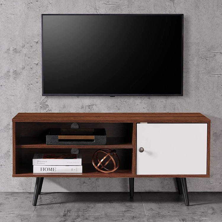 Amerlife 43 Inch TV Stand Mid-Century Wood Modern Entertainment Center Adjustable Storage Cabinet Media Console for Living Room Suitable for TV 32" to 55" White & Walnut