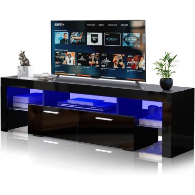 Black TV Stands with LED Lights High Gloss TV Entertainment Center for 70 Inch TV with 2 Flip Down Drawers and Open Shelves Modern Console Media Table Storage Desk for Up to 70 Inch TV