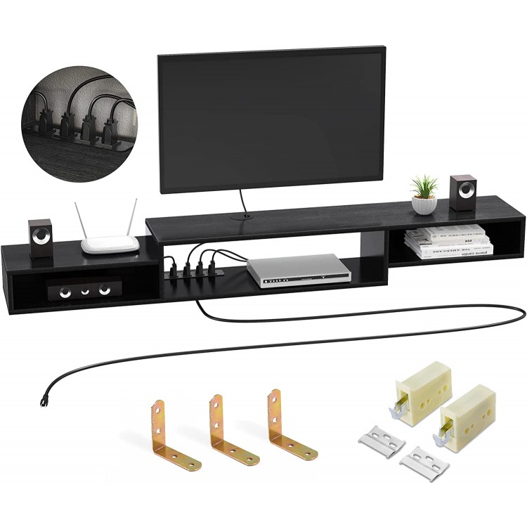 FABATO 59" Floating TV Stand with Power Outlet Wall Mounted Media Console Cabinet Shelf Under TV for Cable Box Audio Video Black