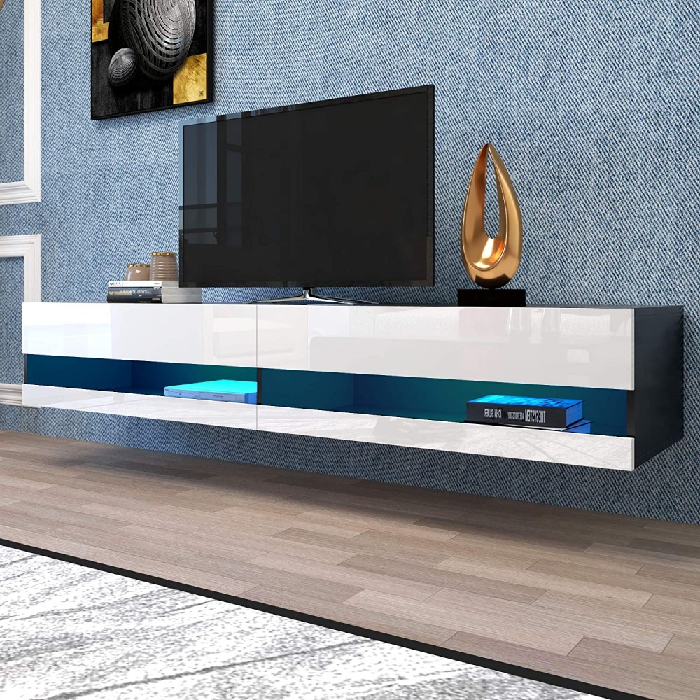 Floating TV Stand for TVs Up to 85 inch 70 inch Wall Mounted Haning TV Stand with LED Lights High Glossy Floating Entertainment Centre Hanging Media Under TV Console Shelf White&Black