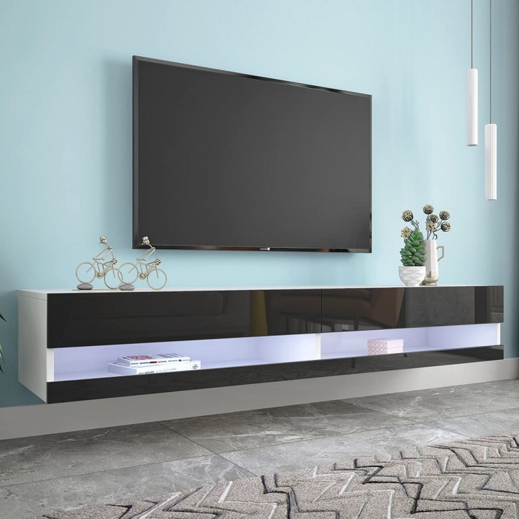 Floating TV Stand Wall Mounted for 75+ inch TVs 70 inch Floating Entertainment Center with LED Lights High Glossy Haning TV Cabinet Media Console Modern Under TV Floating TV Shelves