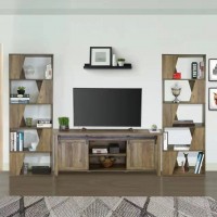 ICE ARMOR 99JET1100-2053x2+1300-2053 3 Piece Entertainment Center 58" W Farmhouse TV Stand with Sliding Barn Door and 2pc Bookcases in Rustic Oak Finish