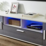 LECUT TV Stand with LED Lights 3 Hidden Storage Compartments&2 Open Shelves High Gloss Entertainment Center Media Console Table Storage Desk for Up to 65 Inch TV Grey