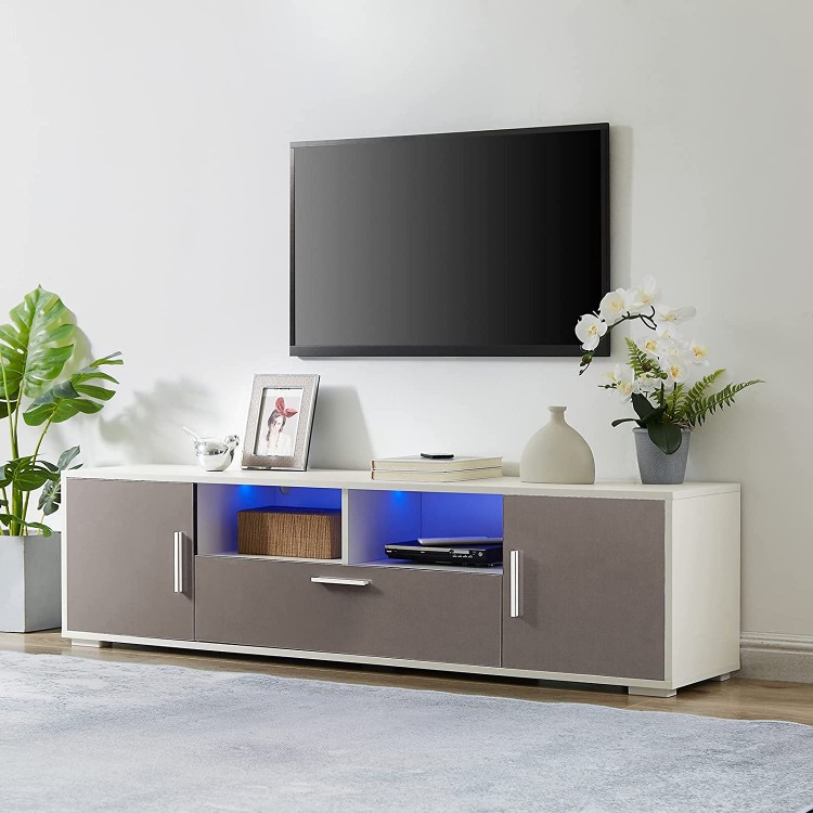 LECUT TV Stand with LED Lights 3 Hidden Storage Compartments&2 Open Shelves High Gloss Entertainment Center Media Console Table Storage Desk for Up to 65 Inch TV Grey