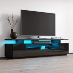MEBLE FURNITURE & RUGS Eva 77" Modern High Gloss TV Stand with 16 Color LEDs Black