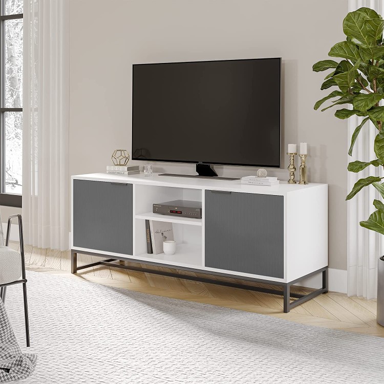 Modern Entertainment Center for 55 inch TV Wood Media Console Low Profile TV Stand with Storage Cabinet & Open Shelves for Living Room Bedroom Office White & Gray