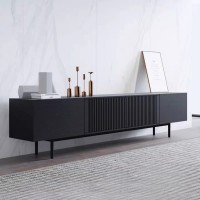 Modern Solid Wood TV Stand Black Entertainment Center for 85 100 Inch TV Tall TV Cabinet with Slatted Doors Tall-Cast Metal Legs Fully-Assembled 94.49"