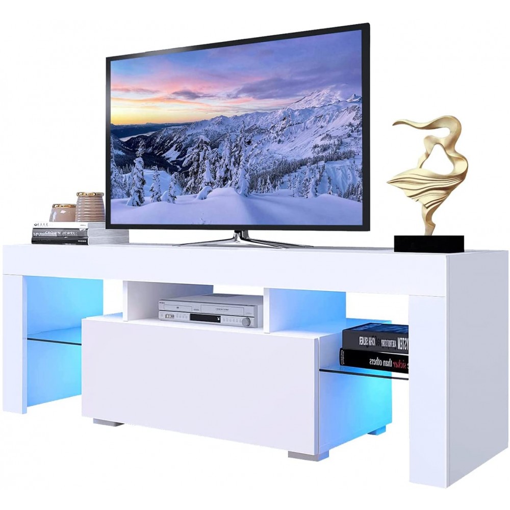 Modern TV Stand with LED Lights for TVs up to 60 Inches Glossy LED TV Entertainment Stand with Storage Entertainment Center Media Console for Media Player TV Media Furniture,White