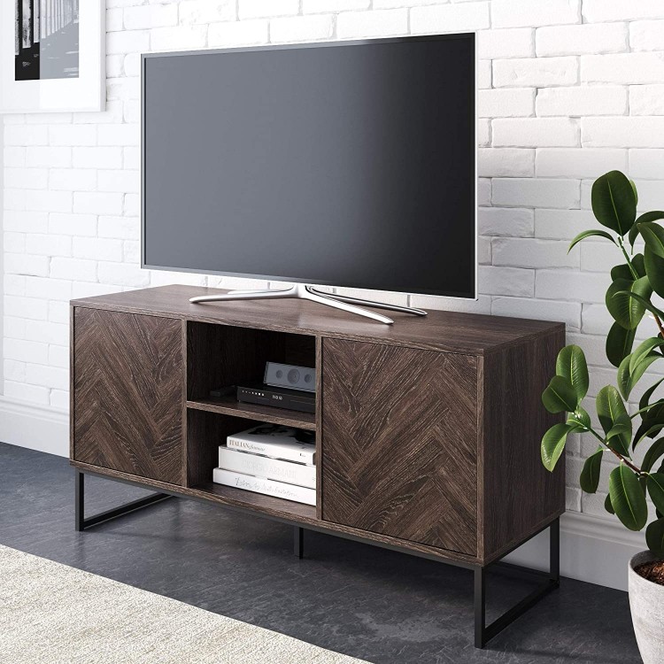 Nathan James Dylan Media Console Cabinet or TV Stand with Doors for Hidden Storage Herringbone Wood Pattern and Metal Gray Matte Black