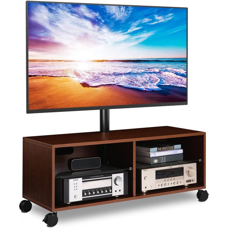 Rfiver Swivel Wood TV Stand on Wheels with Mount for 32-65 inch Flat Screen TVs Rolling Entertainment Center with 4-Shelf Storage for Media Console Universal Floor TV Stand Cabinet for Home Walnut