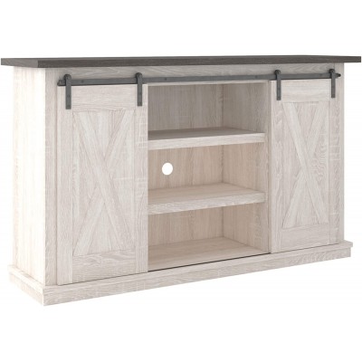 Signature Design by Ashley Dorrinson Farmhouse TV Stand Fits TVs up to 50" with Sliding Barn Doors and Storage Shelves Whitewash & Gray