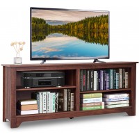 Tangkula Wood TV Stand for TVs up to 65 Inches TV Storage Cabinet with 4 Open Storage Shelves Universal TV Console Table Home Living Room Furniture Brown