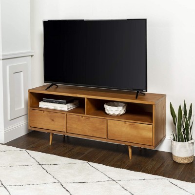 Walker Edison 3-Drawer Mid Century Modern Wood TV Stand for TV's up to 65" Flat Screen Cabinet Door Living Room Storage Entertainment Center 58 Inch Caramel