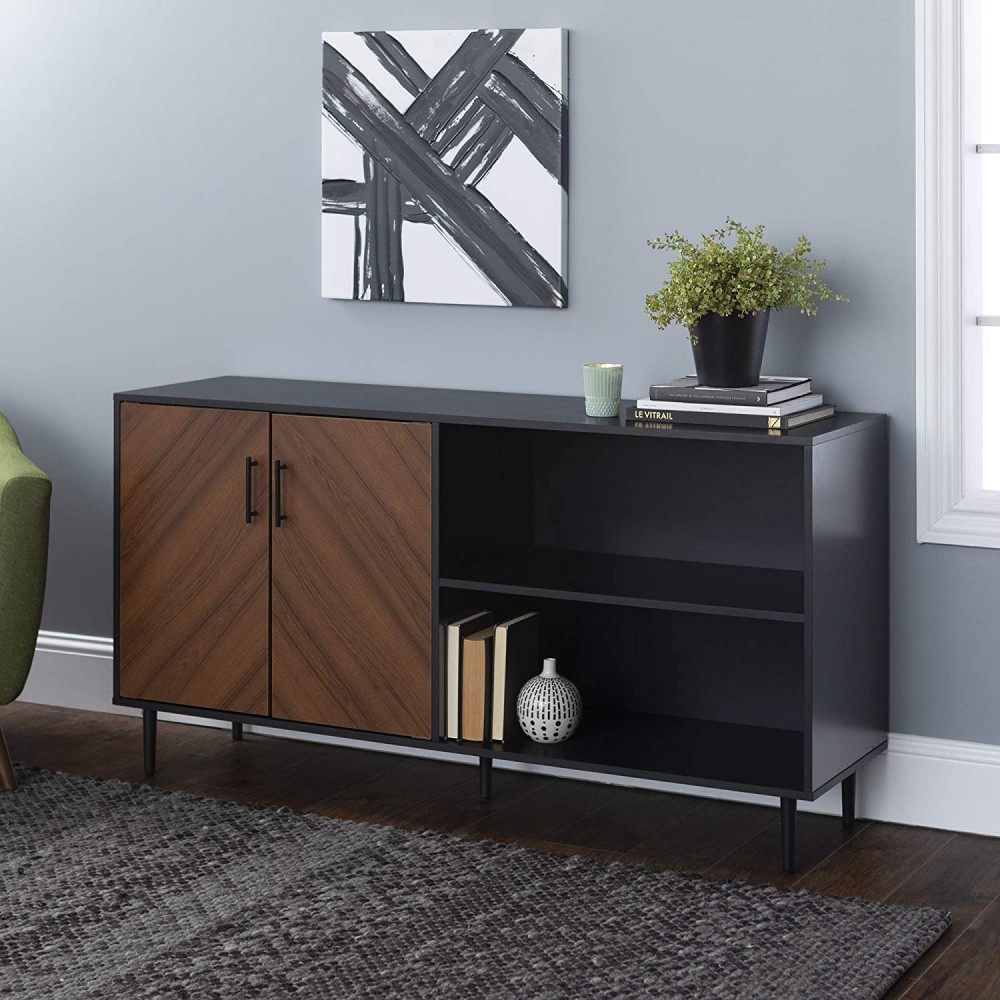 Walker Edison Fehr Modern 2 Door Bookmatch Asymmetrical Console for TVs up to 65 Inches 58 Inch Black