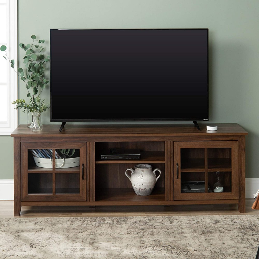 Walker Edison Portsmouth Classic 2 Glass Door TV Stand for TVs up to 80 Inches 70 Inch Dark Walnut