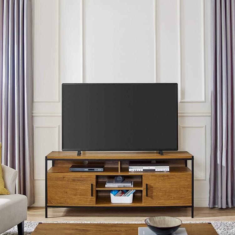 Wide Entertainment Center TV Media Stand by CAFFOZ Furniture Designs | with Two Doors and Storage Shelves | Sturdy | Easy Assembly | Brown Oak Wood Look Accent Furniture with Metal Frame