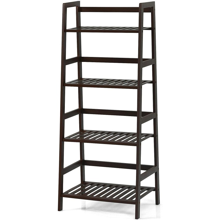 4-Tier Bamboo Ladder Shelf Plant Display Stand Rack Bookshelf Dark Brown Institu Ladder Shelf Decorative Ladder Decorative Shelves